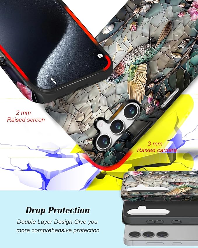 Compatible for Samsung Galaxy S25 Ultra 5G Case, Dual Layer Heavy Duty 2 in 1 Shockproof Protective Phone Case,Stained Glass Hummingbird Floral