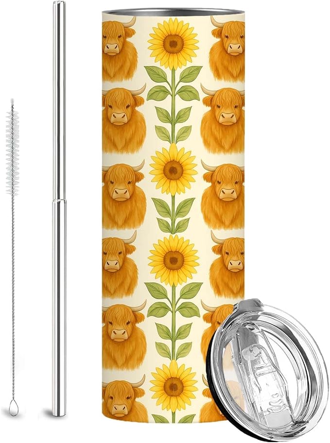 Firmiso 20 oz Tumbler｜Skinny Insulated Travel Mug｜Highland Cow Sunflower Stainless Steel Cup with Lid and Telescopic Straw｜Cute Farmhouse Floral Drinkware｜Gift Idea for Women Men