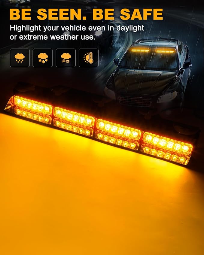 HLauto 6Z4J Emergency Dash Strobe Lights: 2x16.8 inch Amber Safety Lights, 48 LED Flashing Warning Hazard Interior Windshield Visor Traffic Light Bar for Trucks, Construction Vehicles