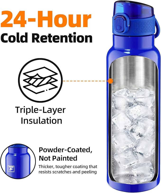 Fanhaw Daylite Series 24 oz Stainless Steel Insulated Water Bottle with Silicone Spout Lid, Double-Wall Vacuum Leakproof Metal Bottle, Anniversary Birthday Gift for Kids, Women & Men (Klein Blue)
