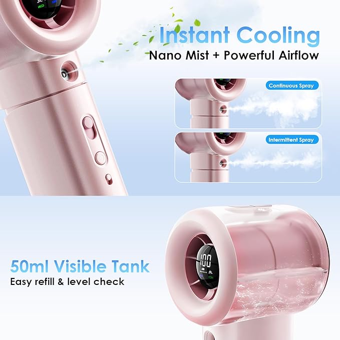 Portable Misting Fan Handheld Powerful Turbo Fan, 100 Speeds, 6000mAh Rechargeable Battery, LED Display, Spray Mist Personal Mini Fan for Travel, Beach, Outdoor Camping (LightPink)