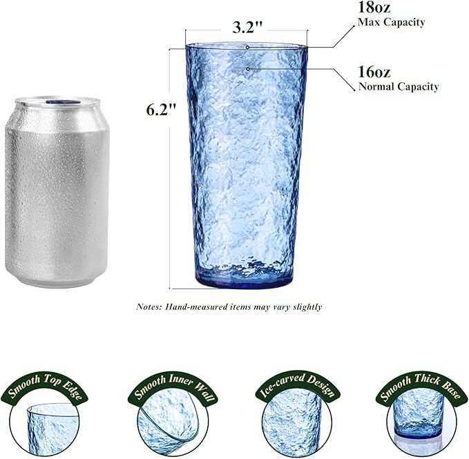 18oz Acrylic Glasses Drinkware (Set of 8), Ice-carved Design Shatter-Proof Plastic Cups, Reusable Plastic Drinking Tumblers, BPA-Free, Dishwasher-Safe (Blue)