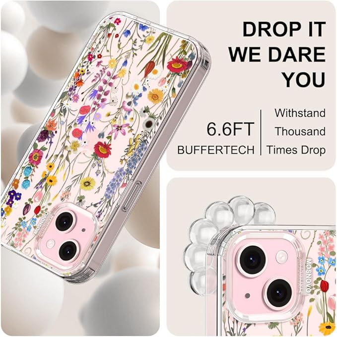 MOSNOVO Case for iPhone 15 Plus/iPhone 14 Plus, [Buffertech 6.6ft Military-Grade Drop Protection] [Anti Peel Off Tech] Clear TPU Bumper Phone Case Cover Design - Wildflower Meadow