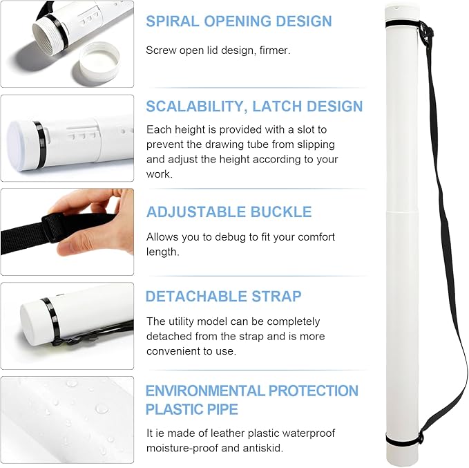 DEWEL Poster Tube, Waterproof Poster Holder Plastic Expandable Poster/Art/Document Storage Tube 24.5" to 40", Adjustable Poster Storage Blueprint Holder with Carrying Strap (White-Large Size)