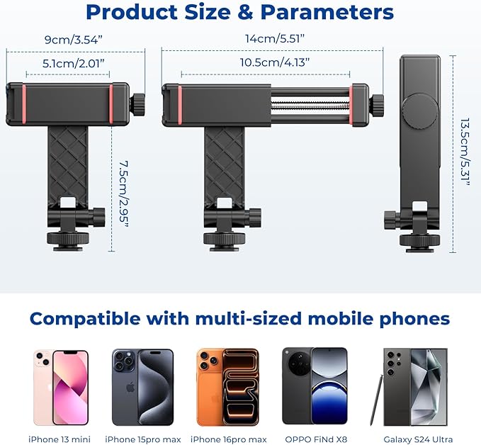 Ruittos Phone Tripod Mount with Remote Controller, New Universal Smartphone Mount Adapter with Cold Shoe, 360° Rotates Cell Phone Clip Clamp Holder, Compatible with iPhone, Samsung and All Phones