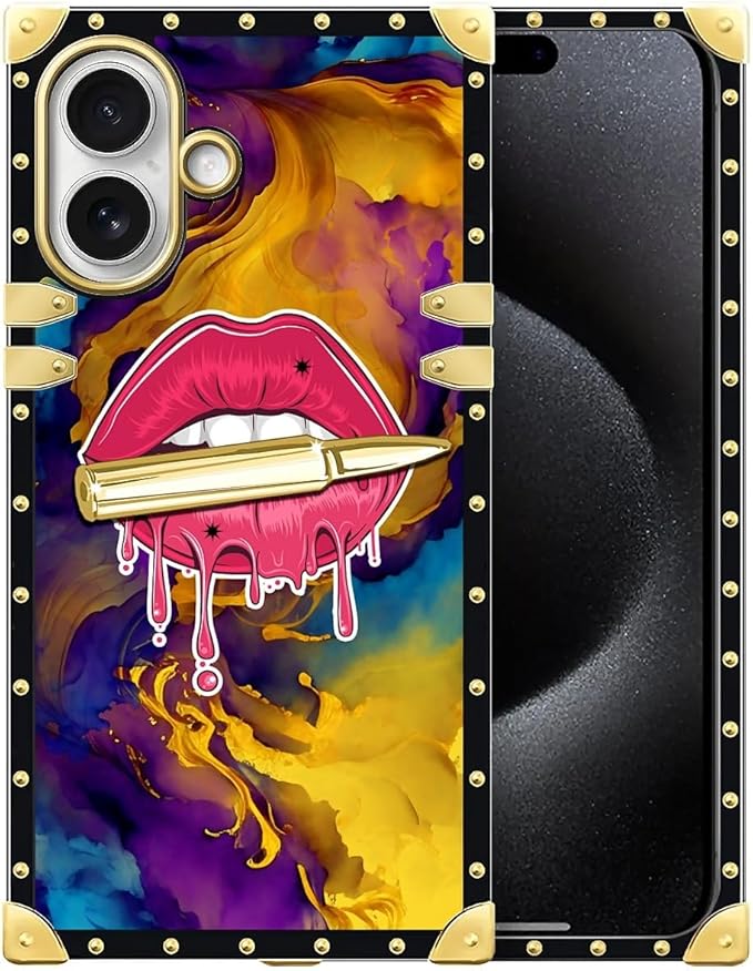 for iPhone 17 Case Luxury Golden Decoration for Girl Women Soft TPU Shockproof Protective Hard PC Back for iPhone 17 Crazy Pattern Cool Corlorful Lip Marble