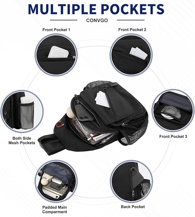 Crossbody Bag Casual Sling Bag for Men, Convertible Backpack, 3-in-1 Anti-Theft Shoulder Bag Trendy Daypack for Travel,Large, Black