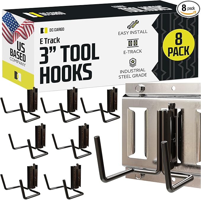 DC Cargo Mall Dual Arm Tool Hook Hanger E Track Accessories 3" Deep (8 Pack) - Garage Wall Mount, Truck, Enclosed Trailer, Storage System