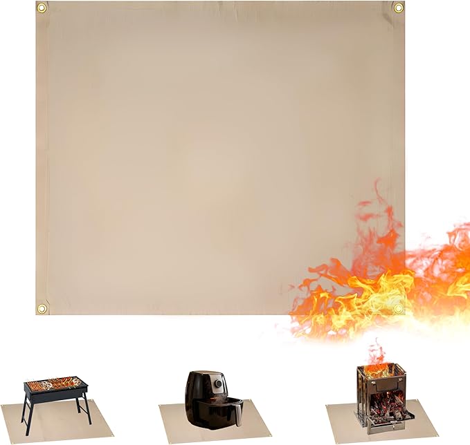 Fireproof Blanket,Made of Fiberglass with Bound Edges and Metal Perforations, can be Laid Flat or Hung up, Suitable for Camping, Home fire Protection,BBQ Grill mats (Khaki 23.75" x 31.5")