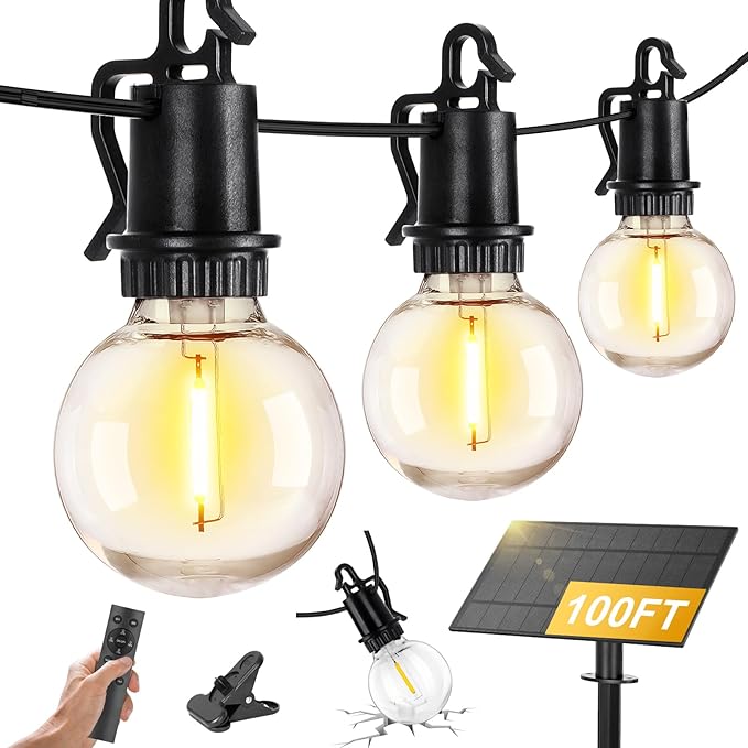 ZJOJO 100FT Solar Lights Outdoor Wateroproof, Solar String Lights with Remote USB Port 32 LED Shatterproof,Dimmable Outdoor Lights Long Last for Garden, Patio, Backyard, Yard, Camping Christmas Light