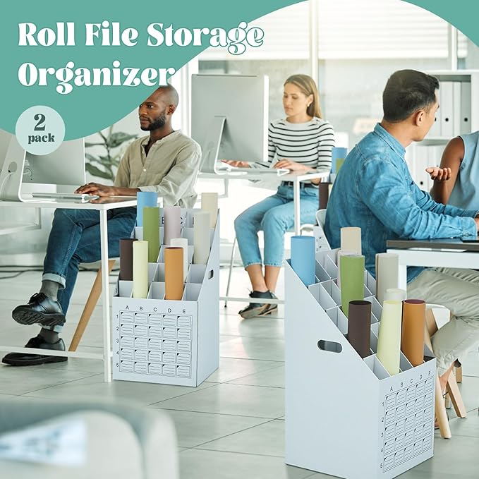 Menkxi 2 Pack 25 Slot Roll File Holder Vertical Blueprint Storage Organizer Corrugated Cardboard Roll File Cabinet Box with Labeling Grid for Office School Poster Map Gift Wrap Architectural Home