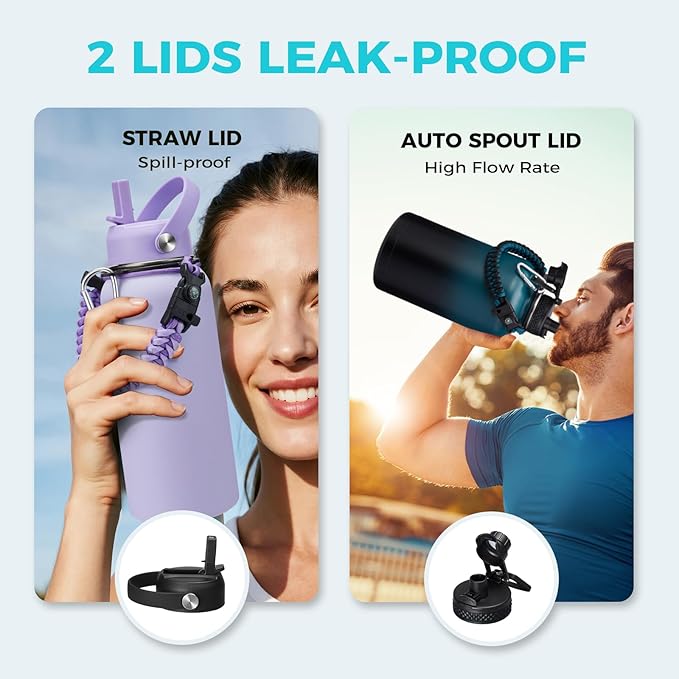 64OZ Insulated Sports Water Bottle - Large Half Gallon Stainless Steel Flask Water Bottles 64 oz, Leak Proof, Double Walled, BPA Free, Sweat-Proof Water Jug with Straw, Keep Cold-48H & Hot-24H