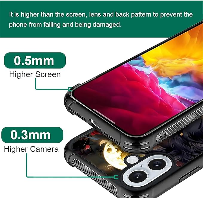 for iPhone 16 Case, Black White Wolf Moon Flower Rose Pattern Graphic Design Girl Boy Soft Silicone Hard Acrylic Shock Protection for iPhone 16