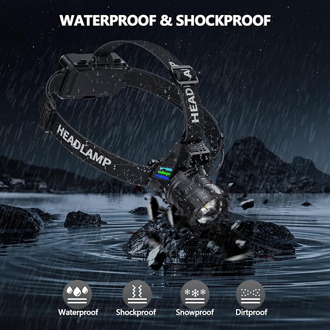Super Bright Headlamp Rechargeable 99000 High Lumens LED Head Lamp Battery Powered,12 Modes Waterproof Comfortable Headlight Zoomable Digital Display Headlamps for Hardhat Camping Hiking Fishing