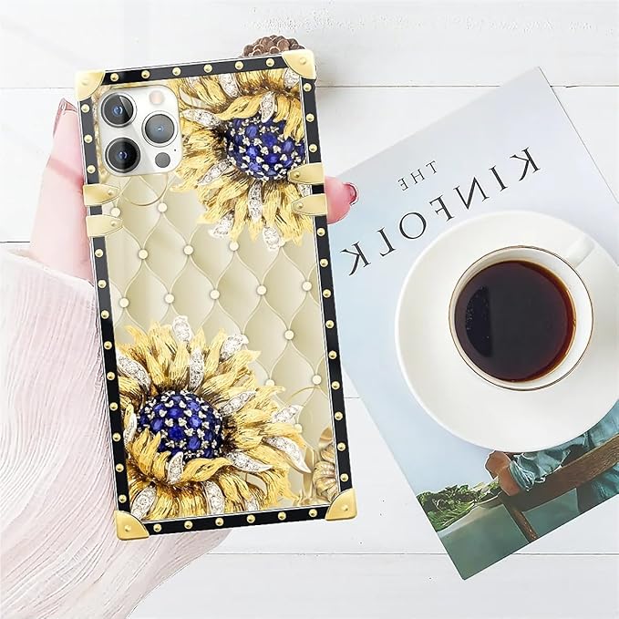 Compatible with iPhone 11 Pro Max Case, Sunflower Diamonds Leather Luxury Golden Decoration for Girl Women Soft TPU Shockproof Protective Hard PC Back for iPhone 11 Pro Max