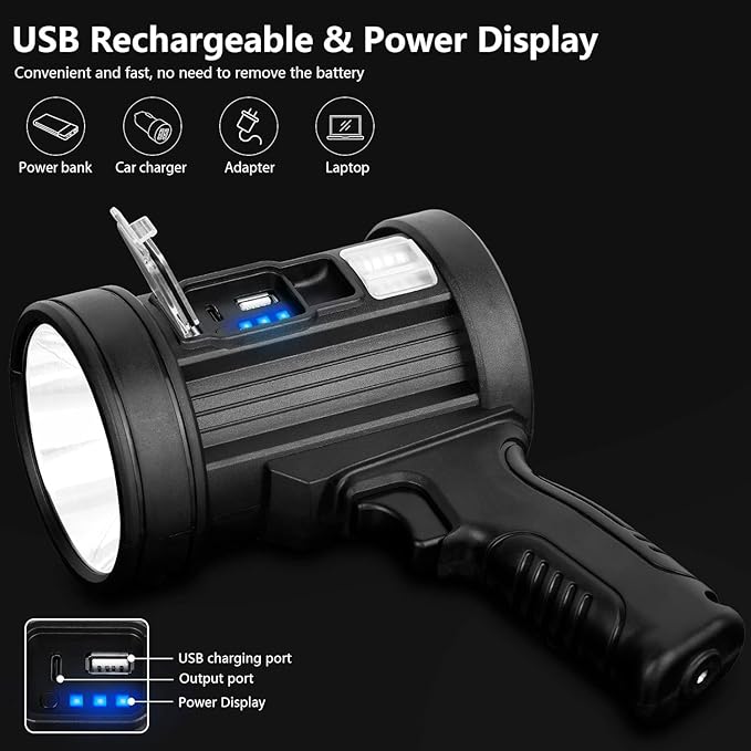 MIXILIN Rechargeable Spotlight, 2,000,000 Lumens Handheld Hunting Flashlight Led Spot Light with Cob Light and Solar Panels, Lightweight and Super Bright Spotlight for Hunting Boating Camping