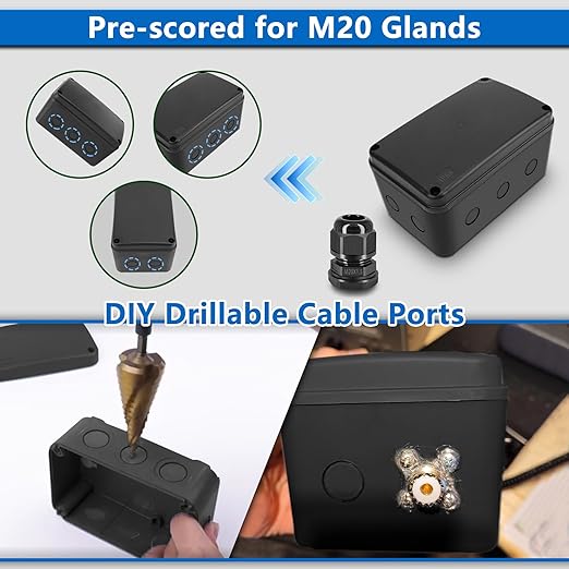 Nineleaf Black Waterproof Outdoor Electrical Box,1PK Plastic Junction Box,IP66 External Electrical Project Enclosure,7 1/8" x 4 1/2 "x 4" inch(181x111x100 mm),Fit M20X1.5mm Cable Gland for Outside Use
