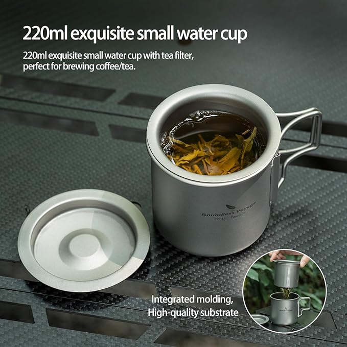 iBasingo 220ml Titanium Cup with Strainer Camping Mug with Lid Foldable Handle Single-walled Lightweight Portable for Outdoor Drinking Drinkware US-Ti3057D
