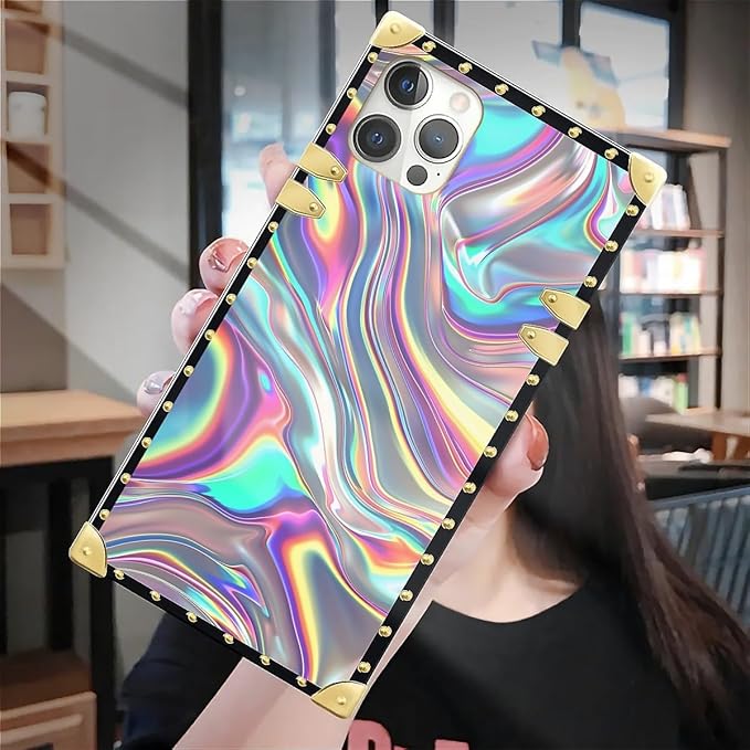 Compatible with iPhone 12 Case, Holographic Abstract Iridescent Textures Luxury Golden Decoration for Girl Women Soft TPU Shockproof Protective Hard PC Back for iPhone 12 Pro