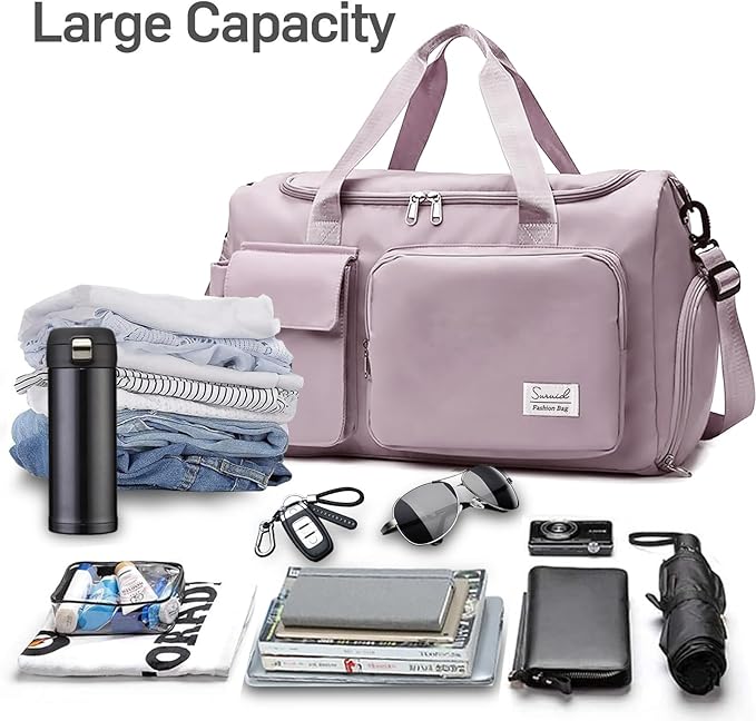 Suruid Travel Duffel Bag with Shoes Compartment Sports Gym Bag with Dry Wet Separated Pocket for Men and Women, Overnight Bag Weekender Bag Training Handbag Yoga Bag - Brown Pink