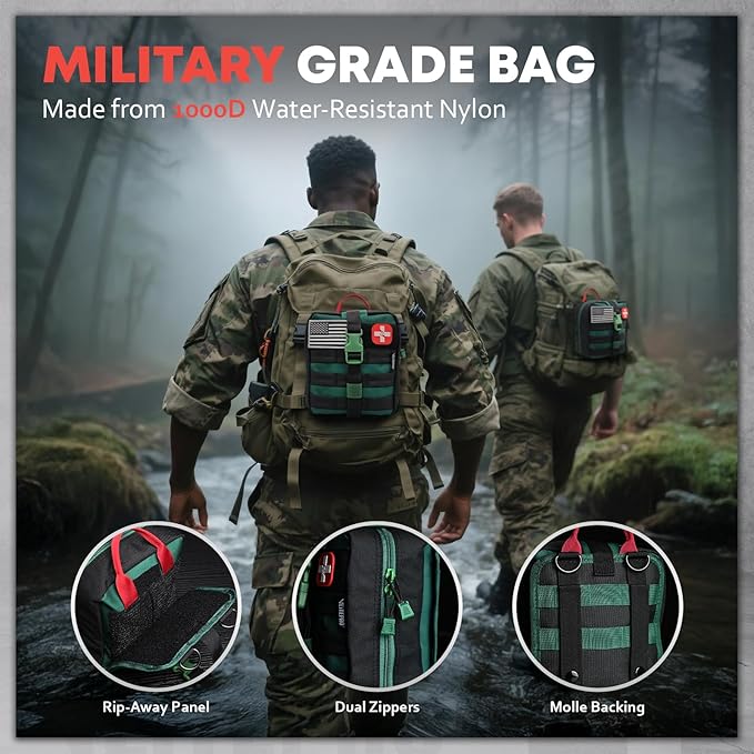 Survival First Aid Kit - IFAK Trauma Kit with Trauma Bandage, Splint, Tourniquet, Wound Care, Bleeding Control - Tactical Molle Pouch for Combat, Camping, Home, Hiking,Travel- Green