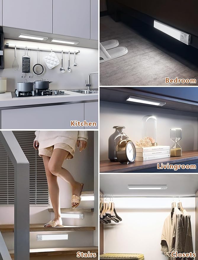 Under Cabinet Motion Sensor Lighting: 14 Inch Dimmable Rechargeable Lights Indoor - Battery Operated Lights - Undercabinet Closet Light Magnetic Led Light for Kitchen Home Bathroom Counter 3 Pack