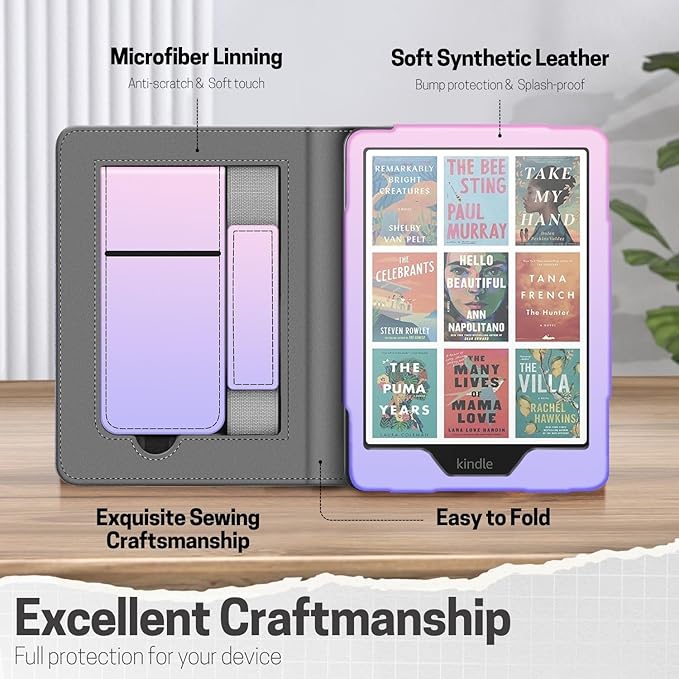 TNP Stand Case for Kindle Paperwhite 12th Generation 2024 / Kindle Colorsoft Signature Edition with Hand Strap & Card Slot - 7" PU Leather Protective Folio Cover with Auto Wake/Sleep, Pink Purple