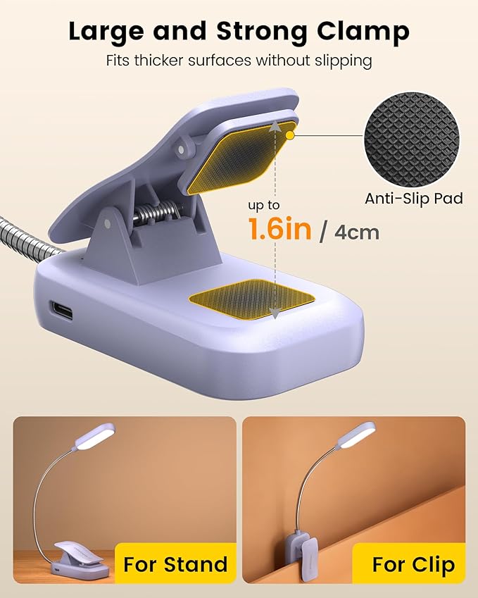 Glocusent 20 LED Reading Lights for Books in Bed, Eye Caring Reading Light, 5 Colors & 5 Brightness 3–100LM Dimmable, 1200mAh Rechargeable Book Light to 90H, Lightweight Clip on Light for Book Lovers
