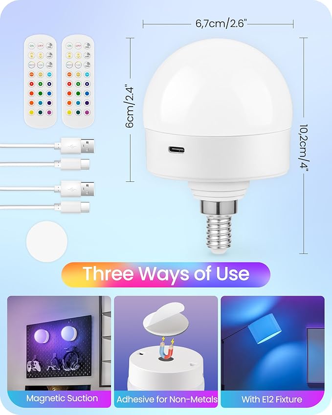 Rechargeable Light Bulbs with Remote Control, 4 Packs E12 Battery Operated Light Bulbs, 3 Timer 15 Colors Selectable, Dimmable Wireless RGB LED Bulb, Non-Hardwired, R08YBP405
