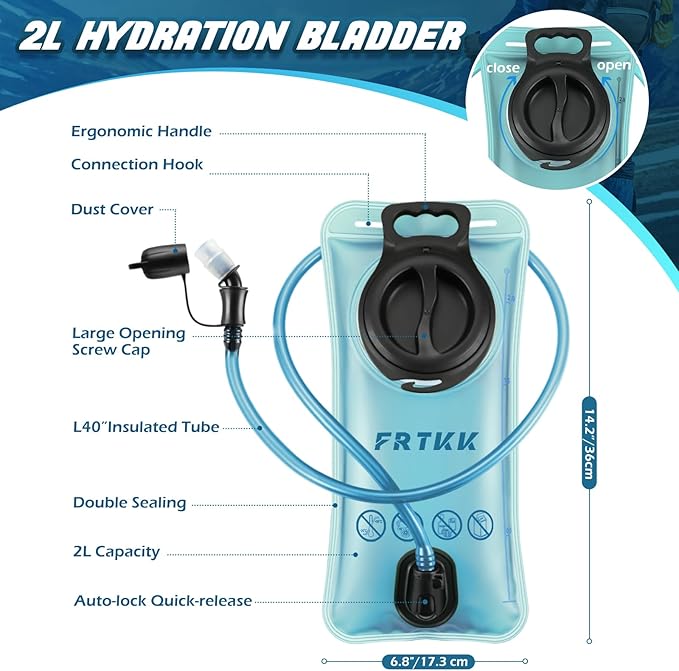 FRTKK 2L/3L Hydration Bladder, Leak Proof Water Bladder for Hydration Pack, BPA Free Wide Opening Ergonomic Shape Water Reservoir for Running Hiking Cycling Camping