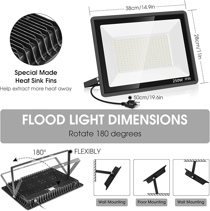 YANYCN 2 Pack 250W Led Flood Lights Outdoor,Super Bright 37000LM Security Lights with Plug,Exterior IP66 Waterproof 5000K Daylight White FloodLight for Basketball Court, Yard, Garden,Parking lot etc