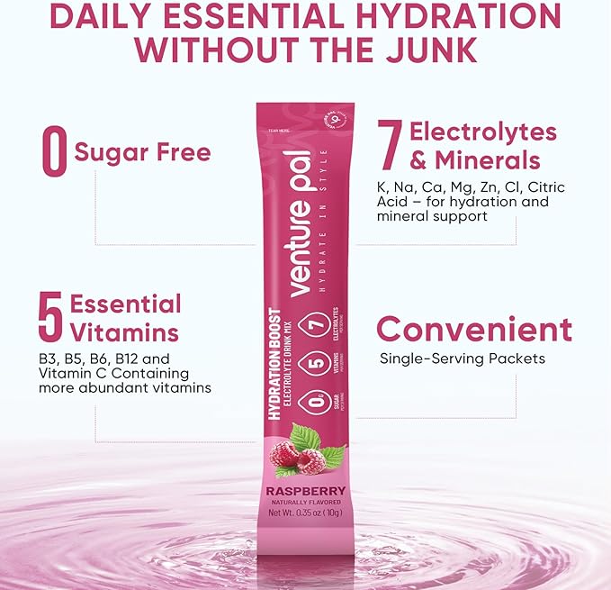 Venture Pal Sugar Free Electrolytes Powder Packets - Liquid Daily IV Hydration Packets | Instantly Hydrating & Party Recovery | 5 Vitamins & 7 Electrolytes | Certified Vegan, Keto, Non-GMO | 16 Sticks