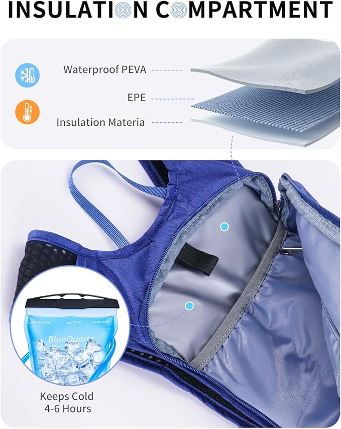 Blue Quartz Hydration Backpack with 2L Water Bladder, Hiking Water Backpack for Women Men, Lightweight Cycling Daypack with Phone Pocket & Helmet Net Bag, Hydration Pack for Biking, Running, Skiing