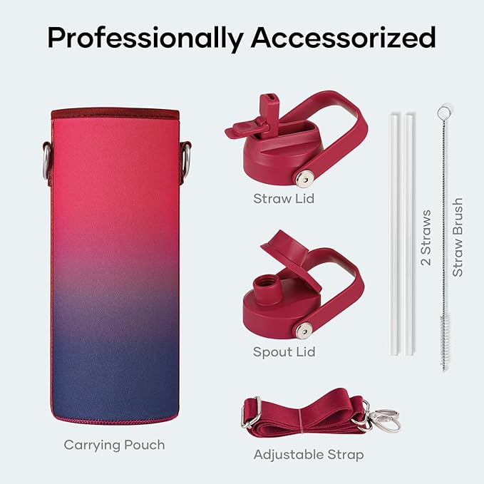 BUZIO 24 oz Insulated Water Bottle, Stainless Steel Wide Mouth Water Flask with Straw Lid, Cold for 48 Hrs Leak Proof Metal Hydro Thermo Canteen Mug, Red Navy