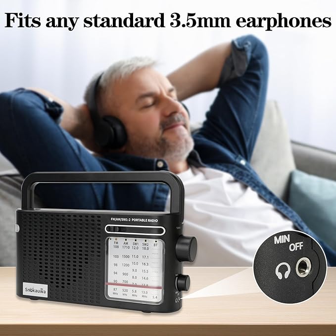 Portable Weather Radio AM FM SW, Wall Plug and Battery Powered, Transistor Radio with Bluetooth, Big Speaker, Large Dial, High/Low Tone Mode, Earphone Jack, Flashlight for Home and Outdoor