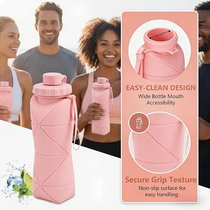 Collapsible Travel Water Bottle 20oz (600ml), BPA-Free, Foldable Silicone Lightweight Reusable Water bottle with Leak-Proof Lid & Lanyard, Portable for Travel Cycling Gym Camping (Pink)