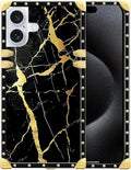 Compatible with iPhone 16 Case, Black Gold Marble Nature Luxury Golden Decoration for Girl Women Soft TPU Shockproof Protective Hard PC Back