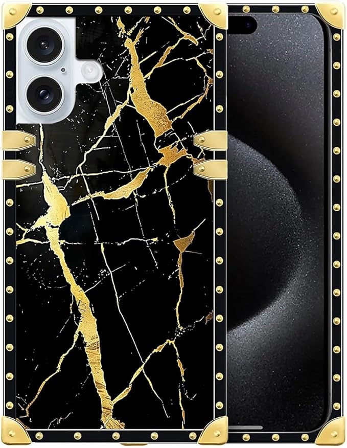 Compatible with iPhone 16 Case, Black Gold Marble Nature Luxury Golden Decoration for Girl Women Soft TPU Shockproof Protective Hard PC Back