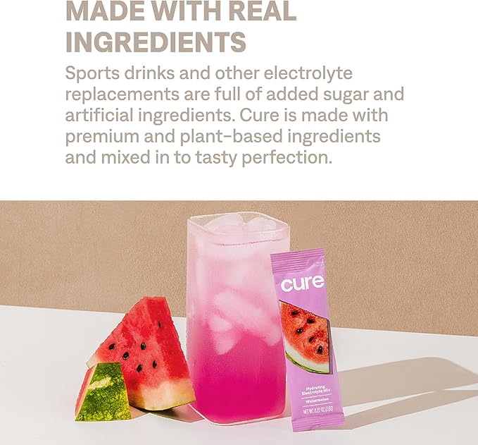 Cure Hydration | Plant-Based Electrolyte Drink Mix | No Added Sugar | FSA-HSA | Dehydration Relief Powder Made with Coconut Water | Non-GMO | Vegan | Box of 8 Packets - Watermelon
