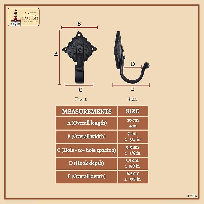 Mystic Colonial Rustic Cast Iron Wall Hooks Heavy Duty Vintage Utility Hooks for Hanging Coats, Towels, Bags, Robes, Hats & More Decorative Wall Mount Hooks, Pack of 10