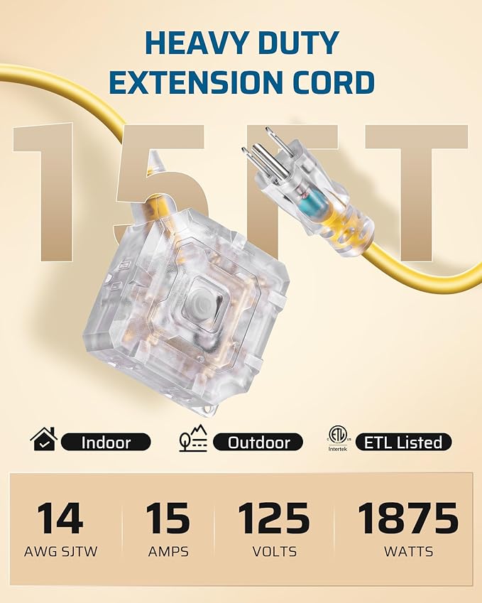 DEWENWILS 15FT Outdoor Heavy Duty Extension Cord, 14 AWG SJTW Power Cord with Dust-Proof & Waterproof Switch, 6 Outlets Transparent Plug Tail for Multiple Devices, 15A/125V/1875W, ETL Listed