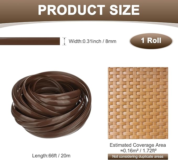 M METERXITY 1-Pack Wicker Repair Kit, 8mm x 66ft/20m Plastic Flat Rattan Replacement Supplies for Patio Furniture Repair/Basket Making/Chair Weaving, Synthetic Woven Rattan [Brown]