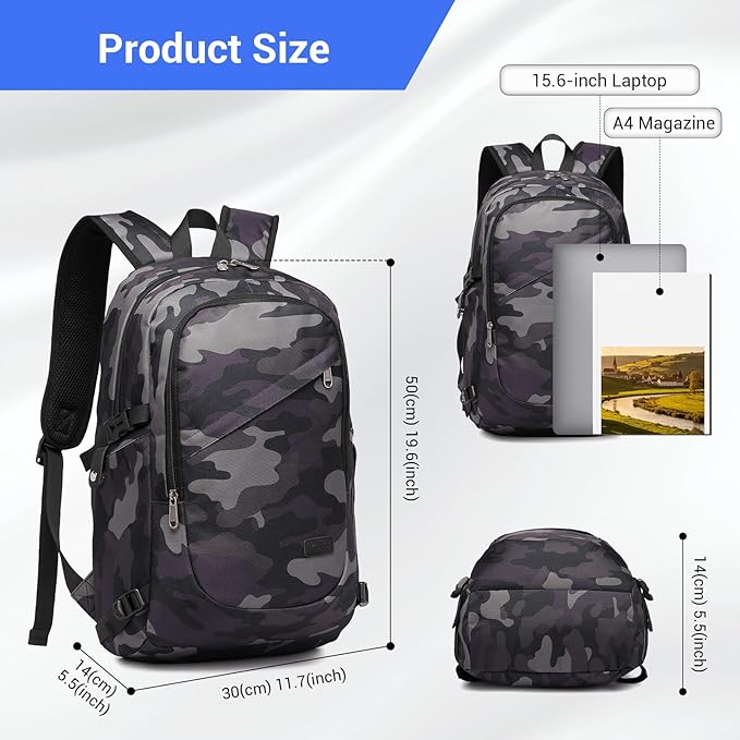 Kono Travel Laptop Backpack with USB Charging Port, Business Anti Theft Slim Sturdy Personal Item Bag, Water Resistant College Computer Daypack for Men & Women Fits 15.6 Inch Notebook, Camo