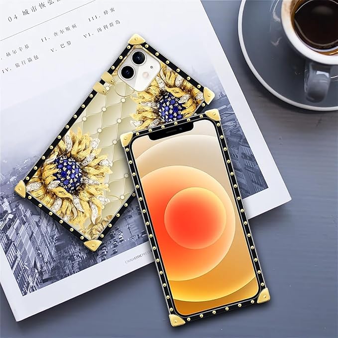 Compatible with iPhone 11 Case, Sunflower Diamonds Leather Luxury Golden Decoration for Girl Women Soft TPU Shockproof Protective Hard PC Back for iPhone 11