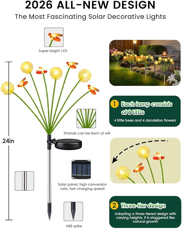 Solar Garden Lights Outdoor, 6 Pack 48 LED, Solar Swaying Dandelion Bee Lights Waterproof, Swaying Firefly Lights for Yard Pathway Lawn Patio Decorations, 2 modes (Steady on, Slow Twinkle), Warm White
