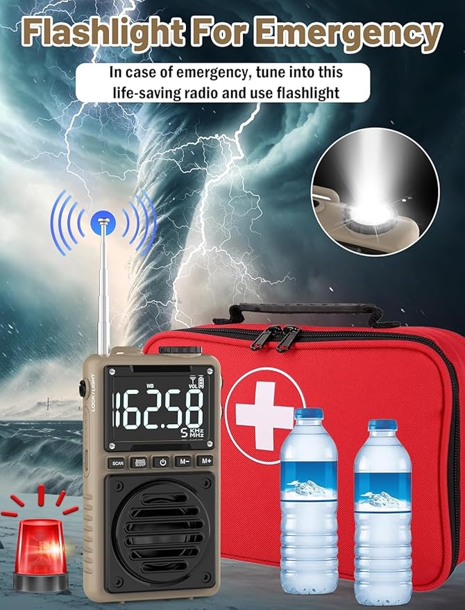 Digital AM FM Weather Band Radio 851mAh Rechargeable Portable Pocket Radio with Best Reception,Flashlight,LCD Screen, Back Clip,Stereo Earphone Jack, SOS Alarm,Sleep Timer for Jogging（Brown）