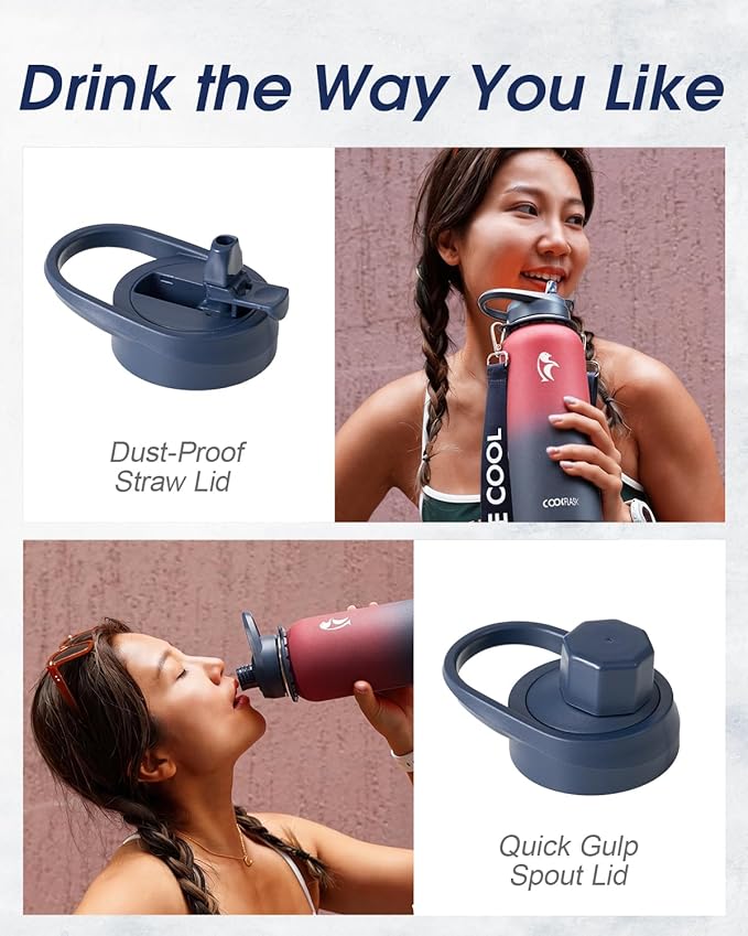 Coolflask Water Bottle with Straw, 40 oz Insulated Metal Water Flask with Straw & Spout Lids, Stainless Steel Double Wall Vacuum, Keep Cold 48h Hot 24h, Leak Proof, BPA-Free, Wine/Navy