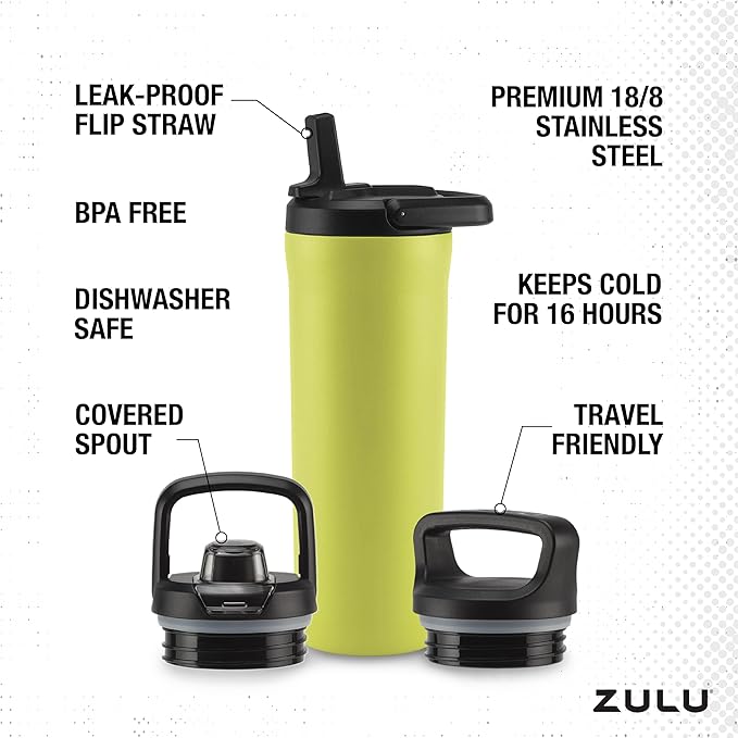 ZULU Base 18oz Kids Stainless Steel Water Bottle with 3 Lids- Straw, Chug, Twist | Double Walled and Vacuum Insulated Metal Thermos | Fits Car Cupholder, Built in Carry Loop, Dishwasher Safe, Guac