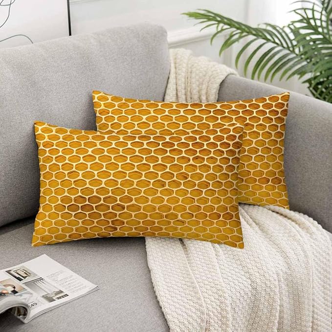 Bee Honeycomb Throw Pillow Covers 12 X 20 Yellow Honey Abstract Set of 2 Pillow Cases Rectangular Velvet Outdoor Pillowcases Decorative for Home Bed Sofa Couch Hotel