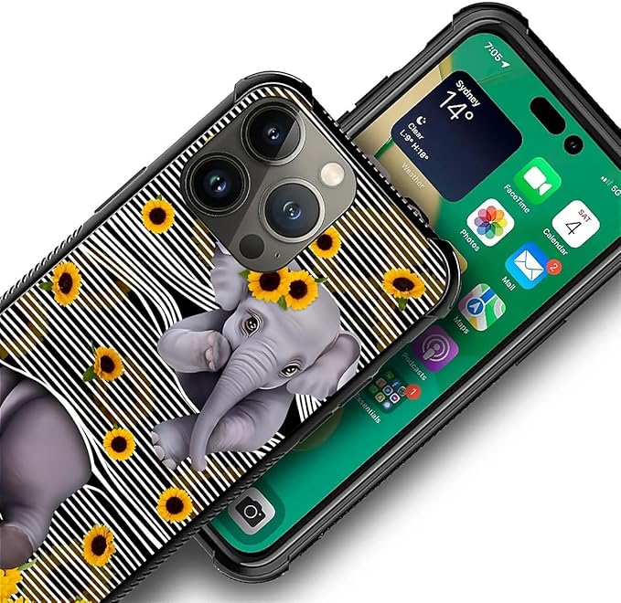 for iPhone 12 Pro Max Case, Cute Little Elephant Sunflower White Line Art Pattern Graphic Design Girl Boy Soft Silicone Hard Acrylic Shock Protection for iPhone 12 Pro Max